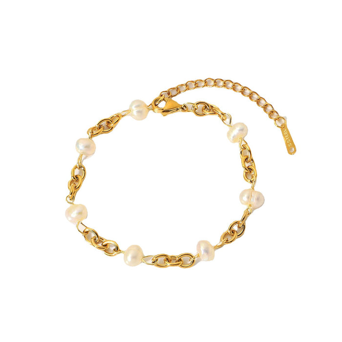 Wholesale Stainless Steel 18K Gold Plated 6 Natural Freshwater Pearl Chain Bracelet