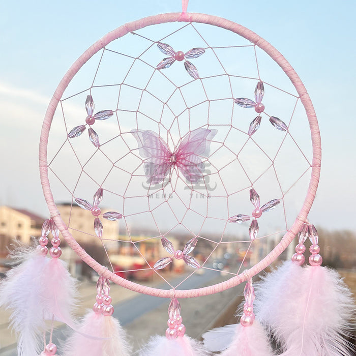Wholesale Handmade Dreamcatcher Wind Chime Pink Butterfly Flower Rooster Feather Home Decor MOQ≥2