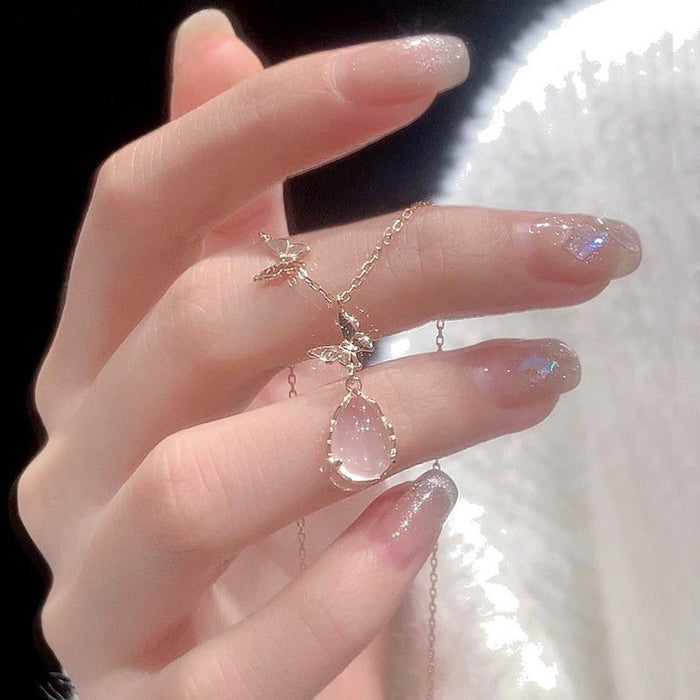 Wholesale New Pink Crystal Butterfly Necklace, Women's Light Luxury Water Drop Pendant, niche design, versatile collarbone chain