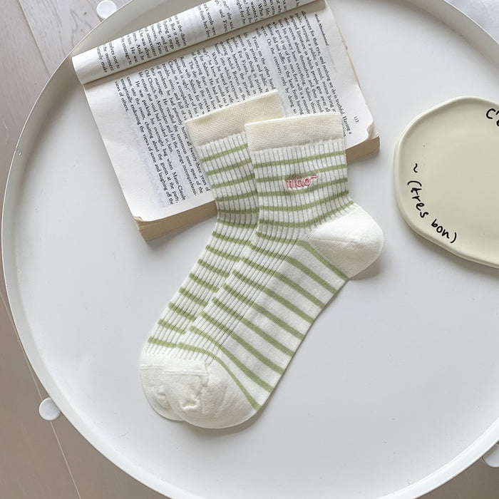 Wholesale Ultra transparent fine striped embroidered versatile mid length socks