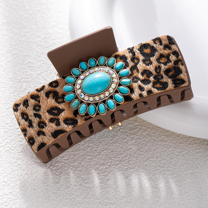 Wholesale Bohemian Turquoise Western Grabber Retro Leopard Sequin Leather Ethnic Style Shark Clip