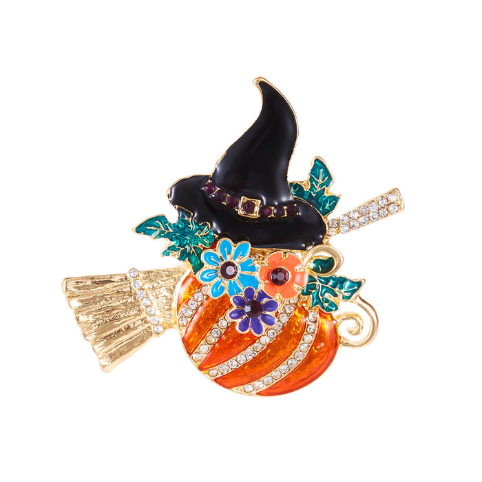 Wholesale  brooch with funny smiling pumpkin,  witch and broom painted in oil