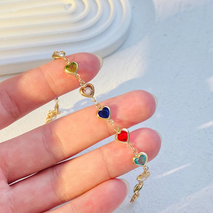 Wholesale Colorful heart-shaped zircon bracelet, temperament alloy heart-shaped dopamine bracelet