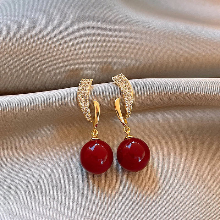 Wholesale   Gold Electroplated Red Micro-inlaid Pearl Earrings Ladies Elegant  Earrings Earrings for Women