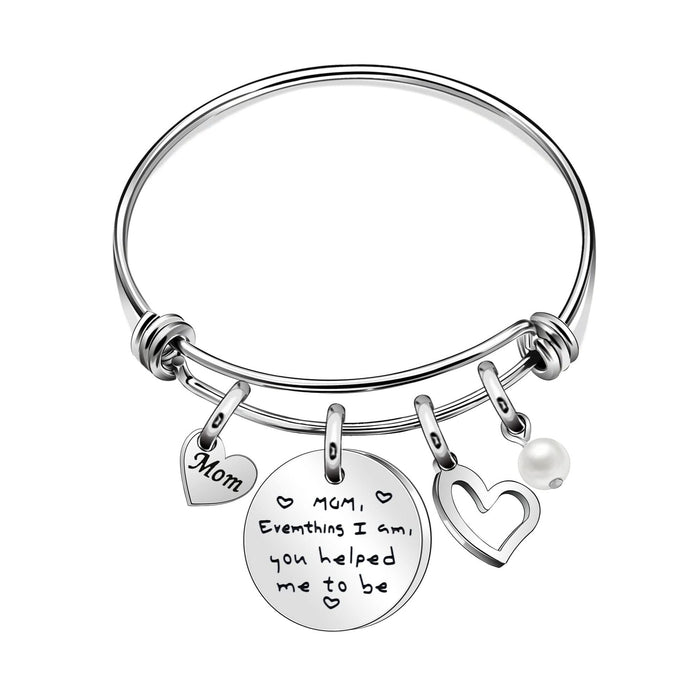 Wholesale Circular hanging tag bracelet, stainless steel heart engraved lettering pendant, round adjustable steel pearl pendant bracelet