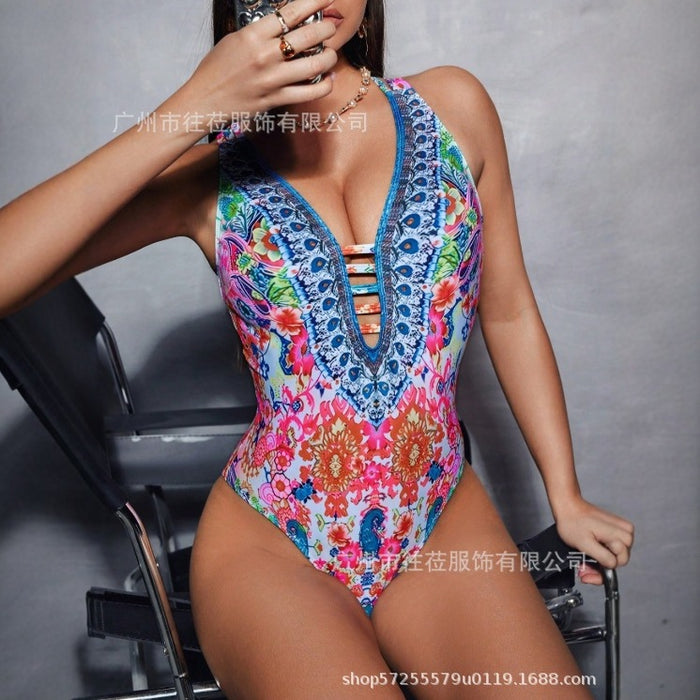 Wholesale New swimsuit one-piece swimsuit women's strap print backless V-neck sexy bikini
