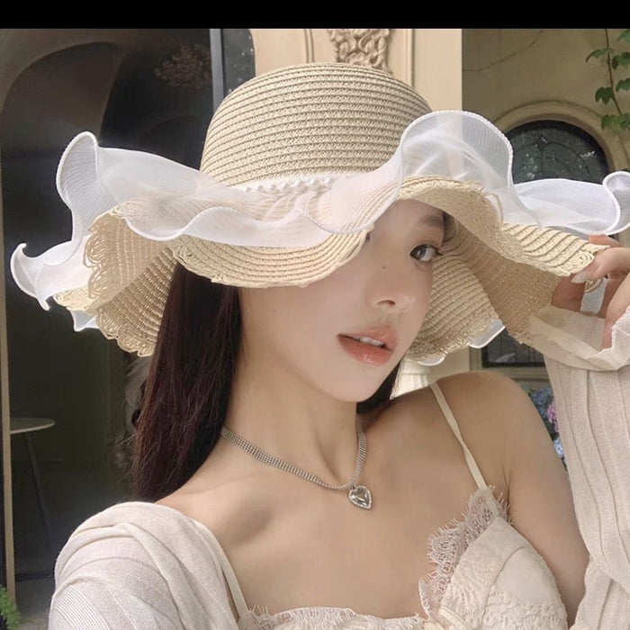 Wholesale Straw hat, lace bow, sunshade and sun protection hat, UV resistant sun grass hat