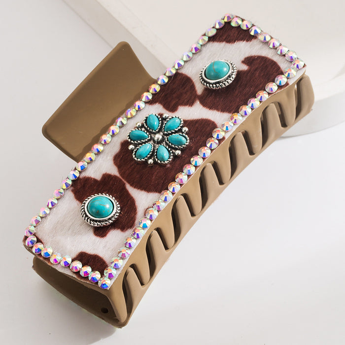 Wholesale Leopard Leather Diamond-encrusted Turquoise Grab Clip Back Head Tie Hair Clip Women' s Hair Clip