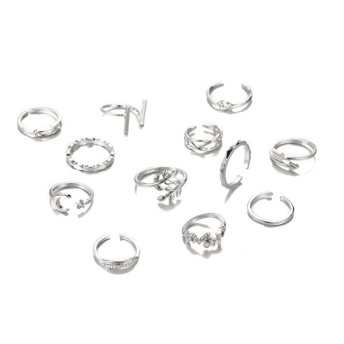 Wholesale Amazon's New Star Moon Letter Leaf Arrow Joint Ring Heart Knot Knot Knot Ring 12 Piece Set