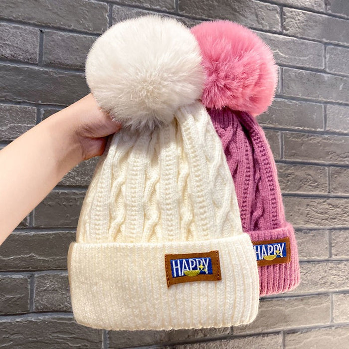 Wholesale fleece-lined Wool Hat Thickened Warm Northeast Knitted Hat Women' s Big Head Ear Protecting Hair Ball Hat White Ball Hat