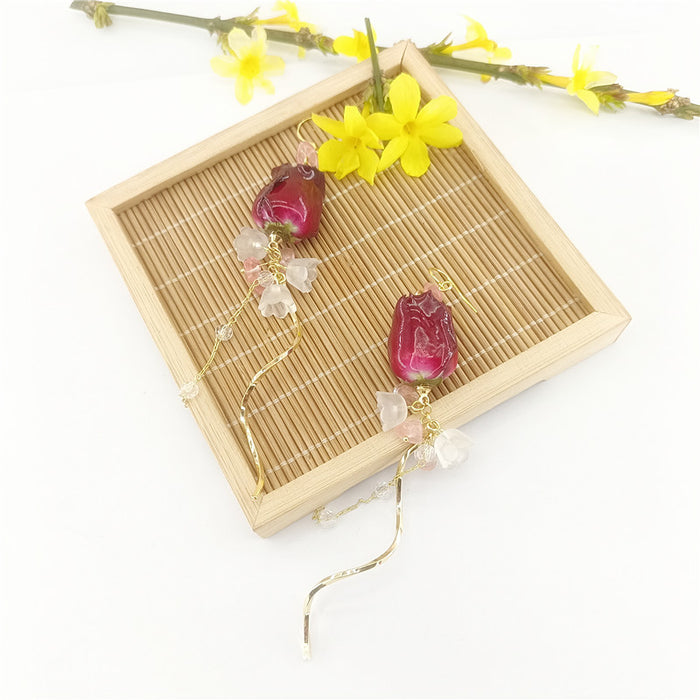 Wholesale New Eternal Flower Rose Earrings Vintage Super Fairy Long Versatile True Flower Earrings Eardrops Earclips