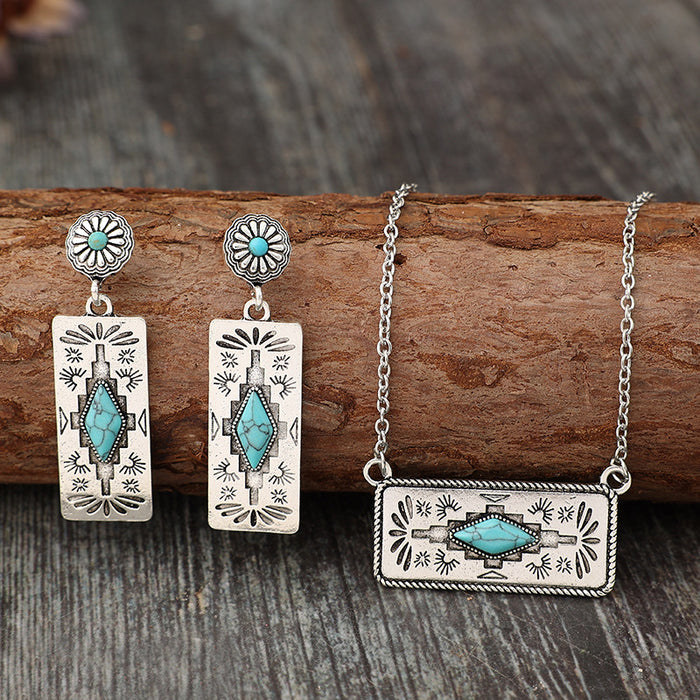 Wholesale Retro style pumpkin flower patchwork geometric turquoise alloy earrings necklace set