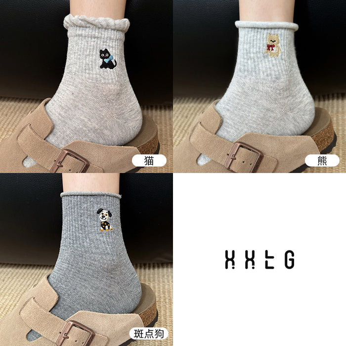 Wholesale Cotton socks, mid tube socks, cartoon embroidered lace socks, cute sports socks