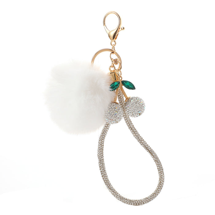 Wholesale Simulation Fruit Crystal Cherry Pom Pom Keychain with Rhinestone Decoration