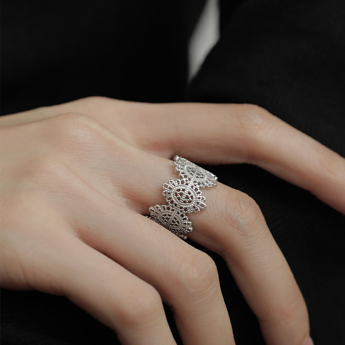 Wholesale Pure silver hollowed out lace ring with retro floral design, adjustable index finger ring
