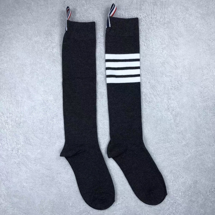 Wholesale Socks men's and women's mid length gray four bar striped pure cotton calf socks