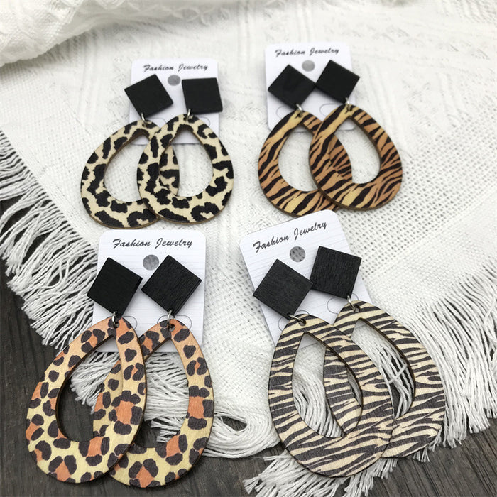 Wholesale Leopard Zebra Raindrop Long Earrings Wood JDC-ES-FaXin008