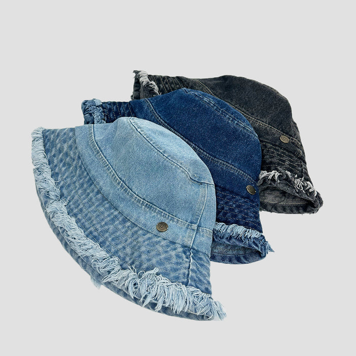 Wholesale Fashionable fringed denim hat, washed and worn fisherman hat, sun shading hat, sun protection versatile hiking hat