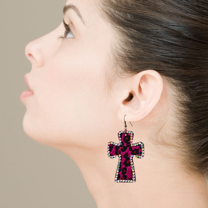 Wholesale Cross Genuine Leather Leopard Earrings JDC-ES-HM013