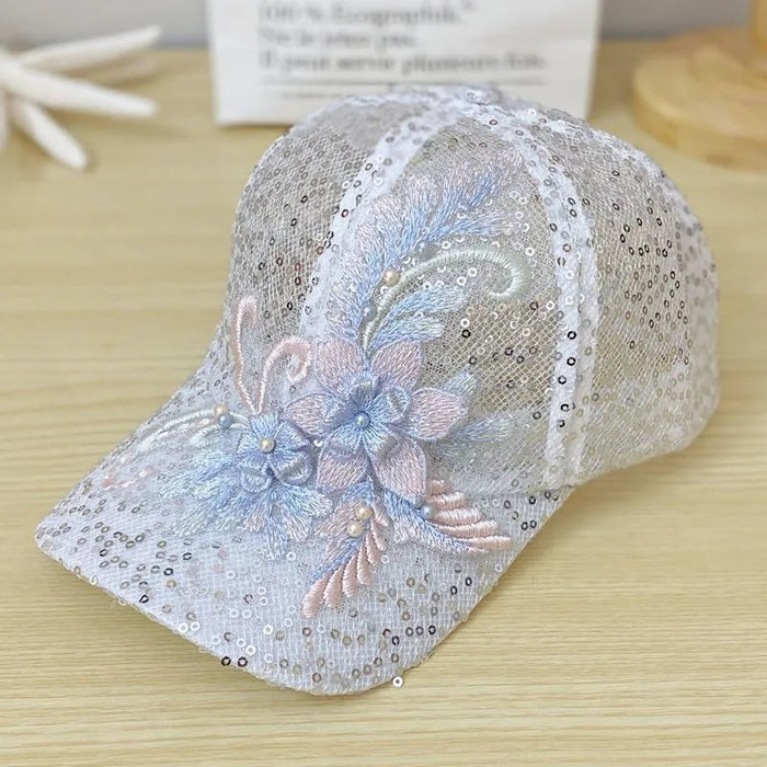 Wholesale Sequin mesh hollow breathable sun protection duck tongue sun hat nail bead lace flower sun protection baseball cap