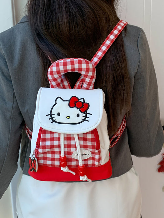 Wholesale Red Plaid Canvas Backpack Women' s Cute Kitten Handbag