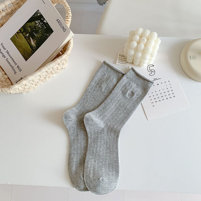 Wholesale New socks with rolled edges, stacked socks, cotton, heart-shaped embroidery, versatile