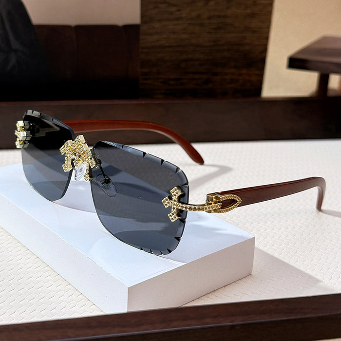Wholesale New Cross Diamond Borderless Sunglasses with High Quality Wood Texture Leg Sunglasses for Women's Fashion Sunglasses
