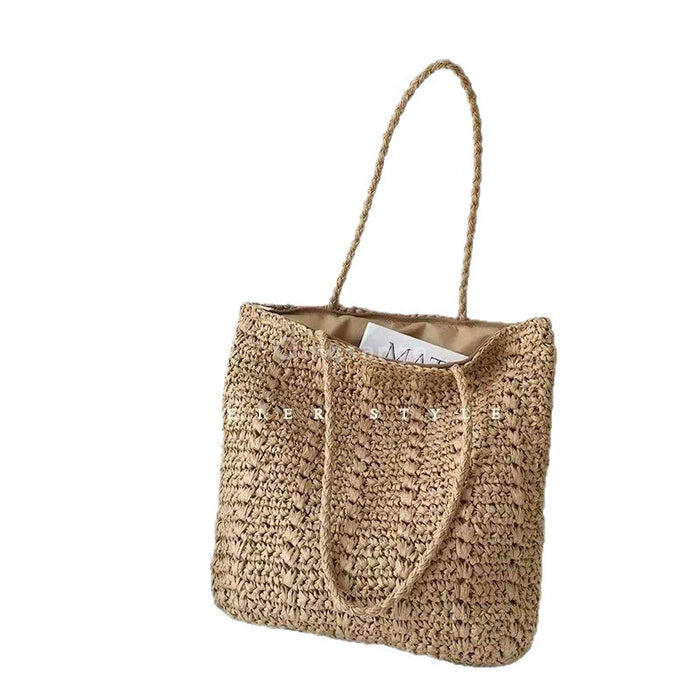 Wholesale Knitted women's simple handbag with large capacity, fashionable and versatile, hand-held cotton and linen beach bag