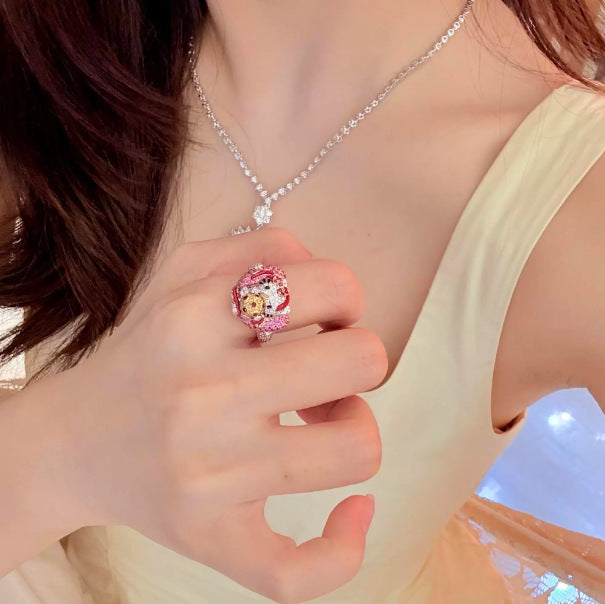 Wholesale Super shiny full diamond pink kitten ring niche design sweet colorful ring