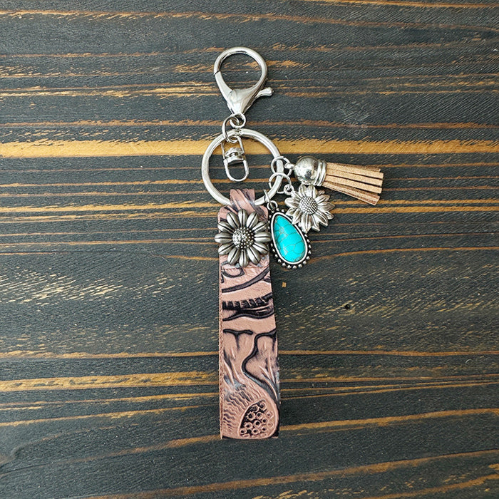 Wholesale Genuine Leather Western Cowboy Retro Keychain Turquoise Pendant Decorative