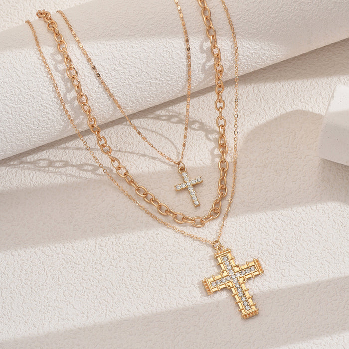 Wholesale Fashionable and trendy double-layer cross pendant necklace with niche design and diamond studded creative collarbone chain