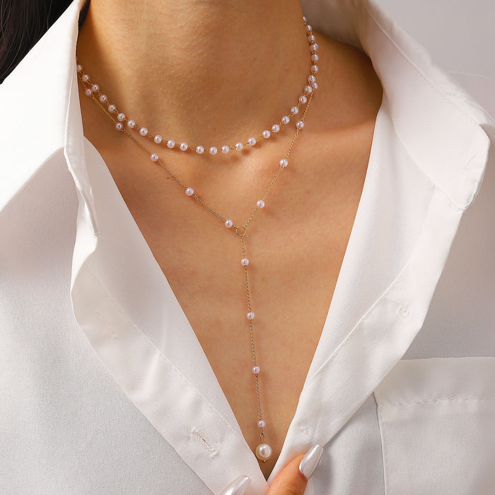 Wholesale Jewelry Imitation Pearl Cross Pendant Necklace Women's Multi-Layer Clavicle Chain
