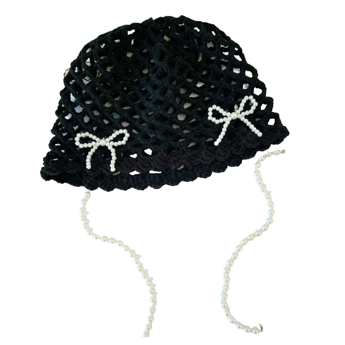 Wholesale Hollow out handmade crochet hat vintage pearl bow tassel travel versatile knitted hat