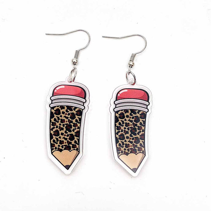 Wholesale Teacher's Day Leopard Print Pencil Acrylic Earrings JDC-ES-Chengy040