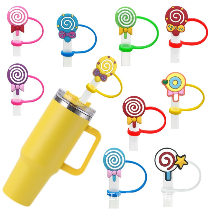 Wholesale Cartoon lollipop shaped dustproof straw cap DIY creative straw decoration cover 8/10mm silicone straw stopper