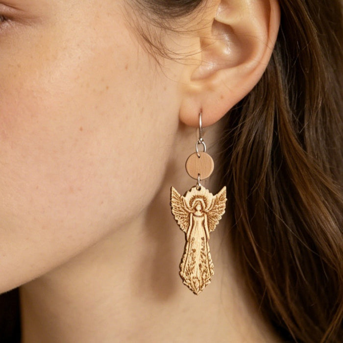 Wholesale Wooden Earrings Printed Angel Floral Bohemian Double Layer Jewelry Accessory