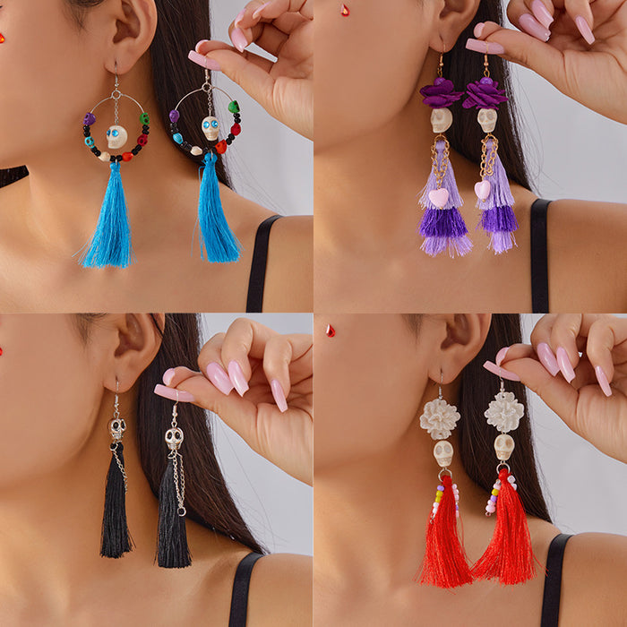 Wholesale  retro earrings for women hip-hop punk style skull funny skeleton colorful mesh ear hooks