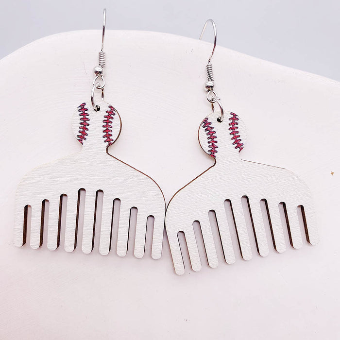 Wholesale Retro Wooden Earrings Personalized Design Baseball Comb Pendant Earrings