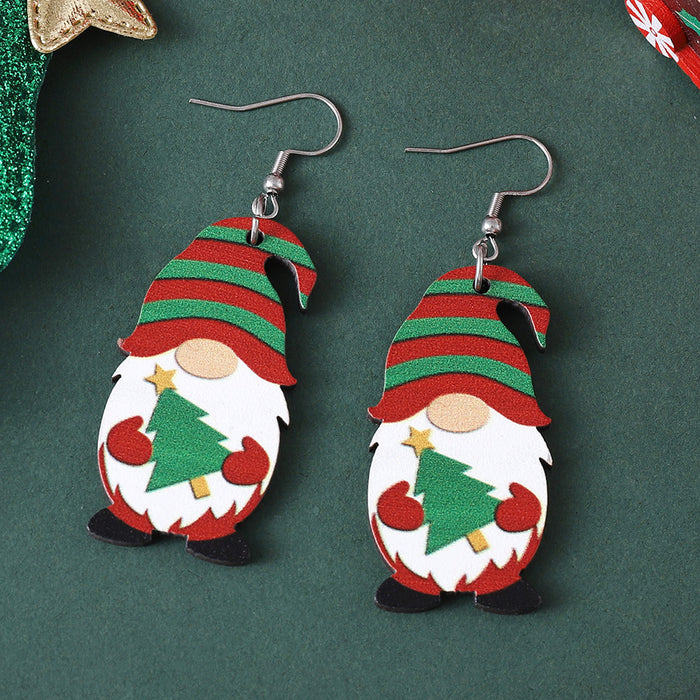 Wholesale Christmas Cute Dwarf Christmas Tree Pendant Earrings Wooden Double-sided Earrings Christmas Gift