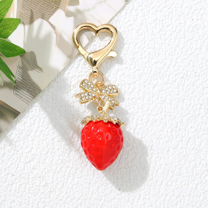 Wholesale Zinc Alloy Strawberry Keychain Pendant Bow Heart Design Sweet Style Boutique Resale Car Key Accessory
