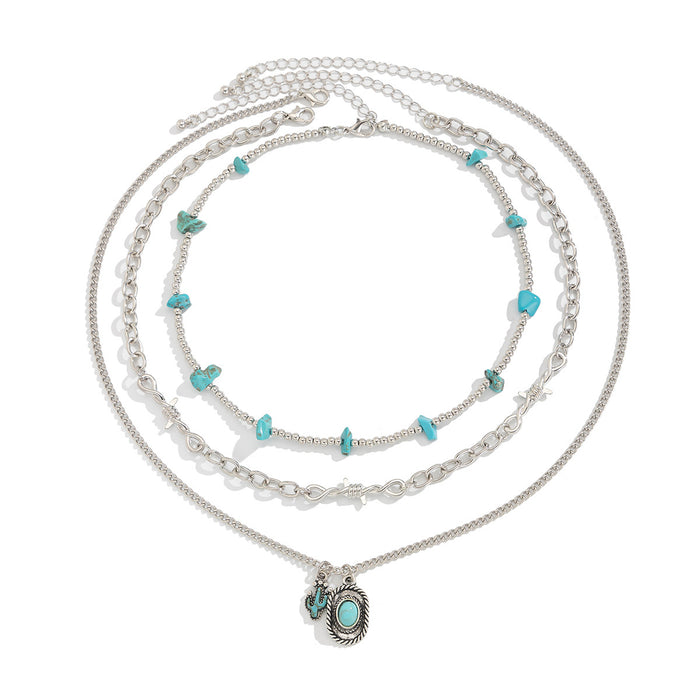 Wholesale Vintage personalized imitation turquoise collarbone chain bead necklace set accessories