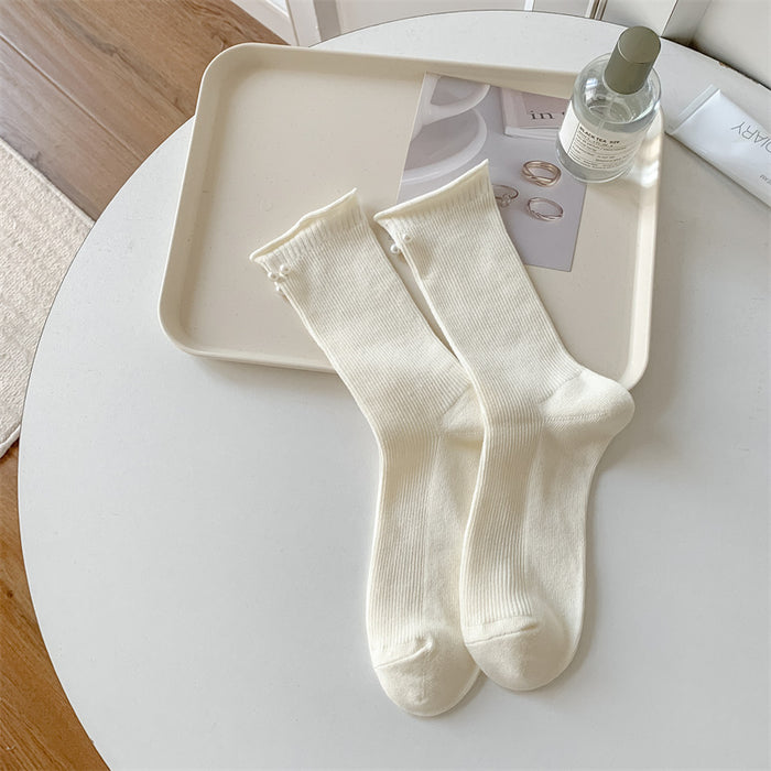 Wholesale Socks Double Needle Solid Color Curled Edge Stacked Socks Middle Tube Socks