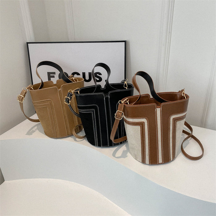 Wholesale Street Trend Khaki PU Bucket Small Spliced Bag - Fashion Accessory Gift