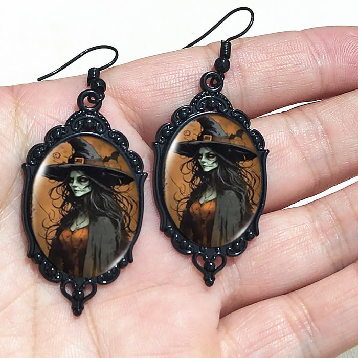 Wholesale Halloween Series Peripheral Oval Lace Earrings Ghost Witch Swimming Black Earrings Pumpkin Skull Alloy Earrings JDC-ES-HaoH005