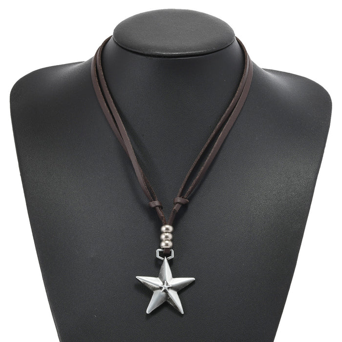 Wholesale Fashionable new necklace with five pointed star pendant, adjustable sweater chain, retro style, personalized leather necklace