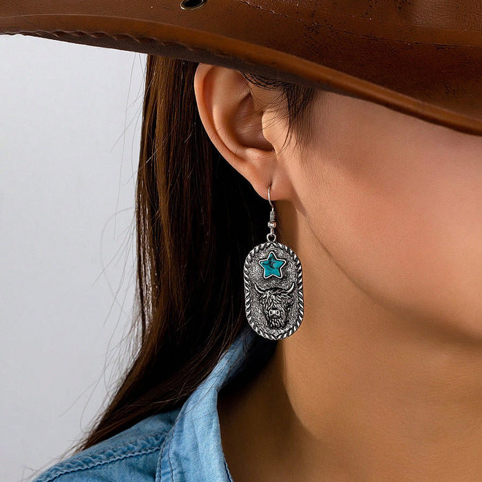 Wholesale Western style vintage pinto highland cattle desert sunset pattern pendant earrings