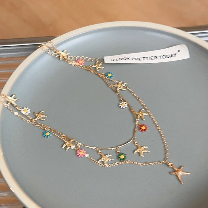 Wholesale Stacked bead retro necklace fashionable sunflower collarbone chain light luxury niche neck necklace