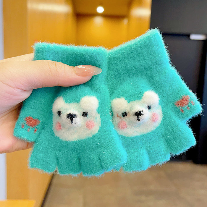Wholesale Children' s Gloves Autumn and Winter Warm Cute Cartoon  Girls'  Half-Finger Flip Cover Baby Thickened Warm Five-Finger Set