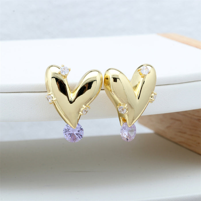 Wholesale Earrings Inlaid Purple Zircon Heart Gold Plated Copper JDC-ES-PREMTIANY003