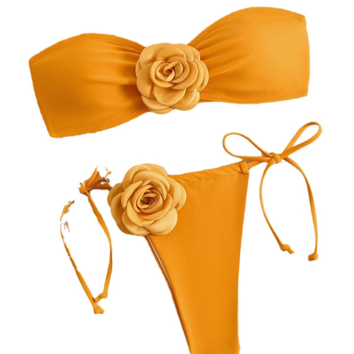 Wholesale Solid color split swimsuit for women, three-dimensional flower swimsuit